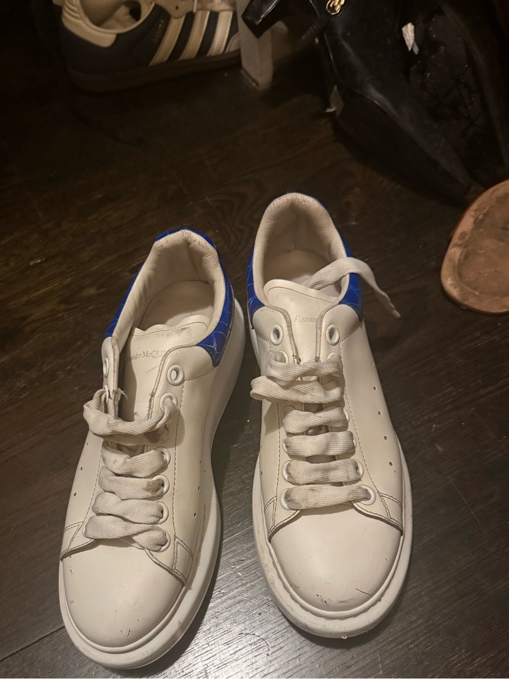 Alexander McQueen White Leather Sneakers with Blue Heel Tab